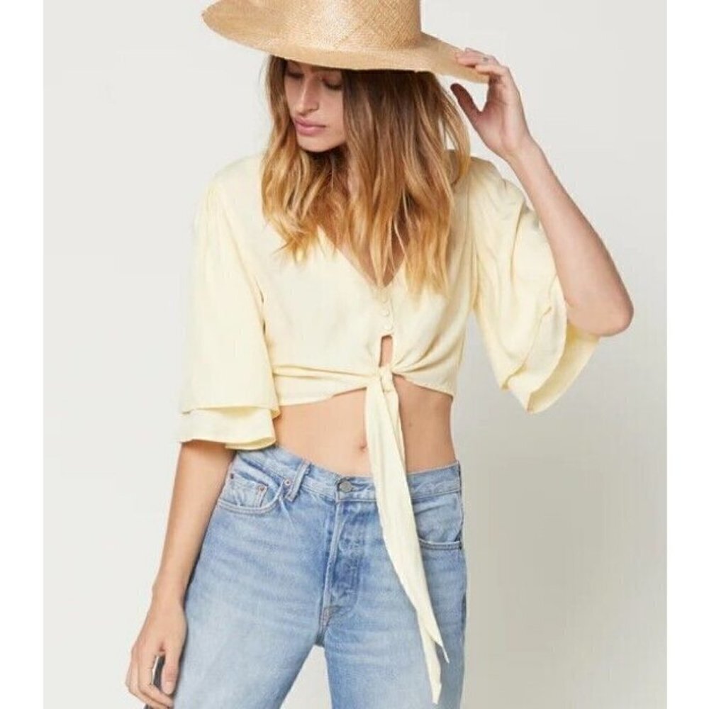 New Flynn Skye Lilly Crop Top Womens XS Butter Yellow Rayon Tie Front